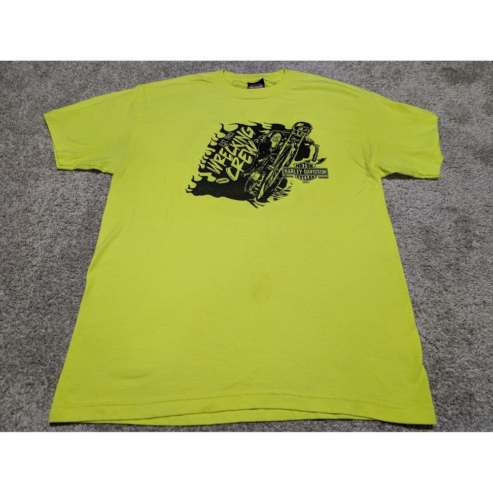Harley-Davidson T-Shirt Mens‎ L Neon Yellow Wrecking Crew Graphic Biker Moto Tee